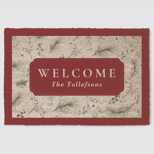 Burgundy Red Vintage Winter Botanical Welcome Fiber Doormat