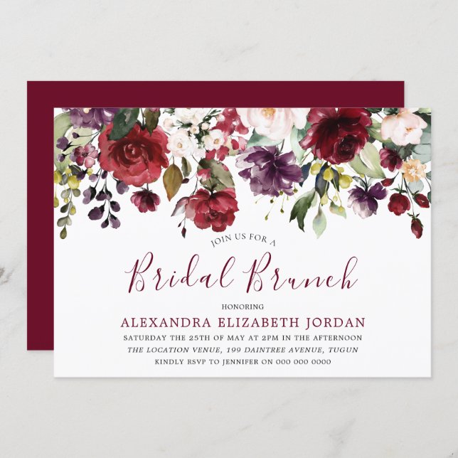 Burgundy Red Watercolor Bridal Shower Brunch Invitation (Front/Back)