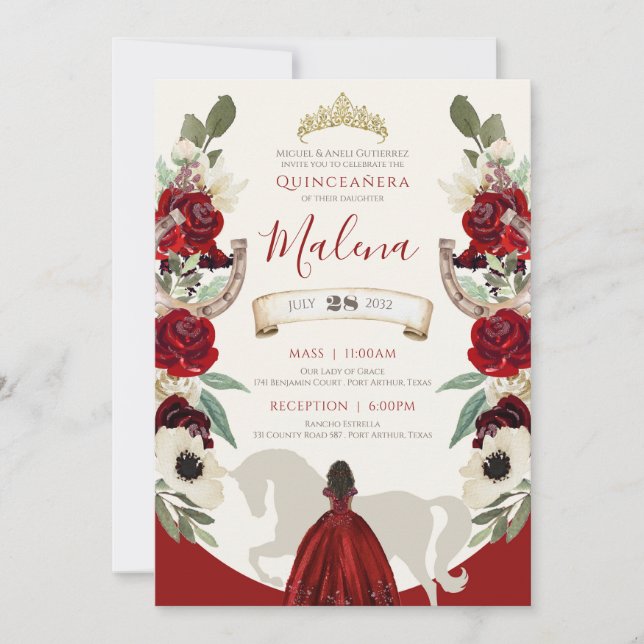 Burgundy Red Watercolor Elegant Charro Quinceanera Invitation (Front)