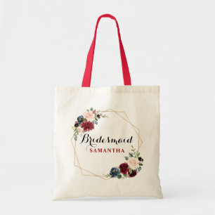 Burgundy Red watercolor Floral Bridesmaid gift Tote Bag