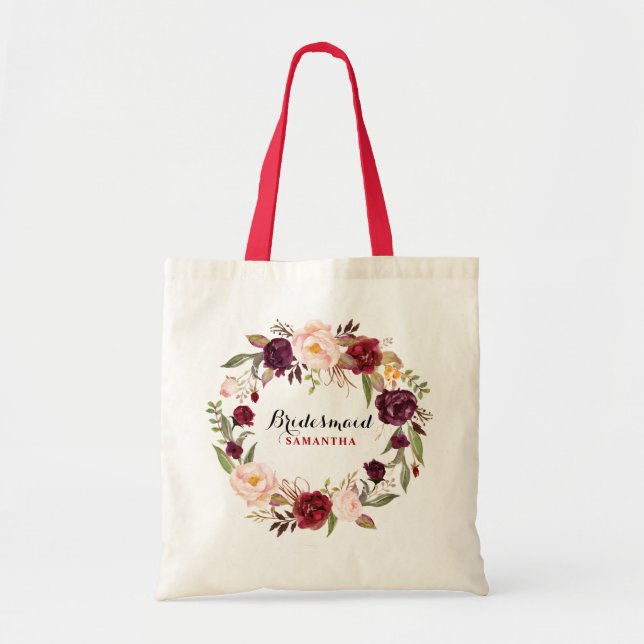 Burgundy Red watercolor Floral Bridesmaid gift Tote Bag (Front)