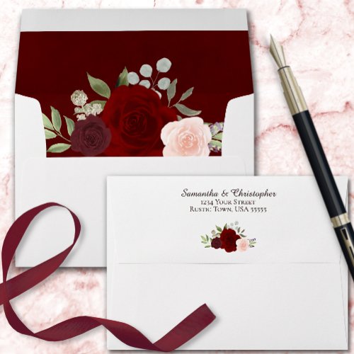 Burgundy  Red Watercolor Floral Elegant Wedding Envelope