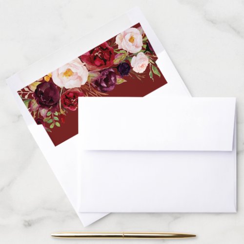 Burgundy red watercolor floral wedding envelope liner