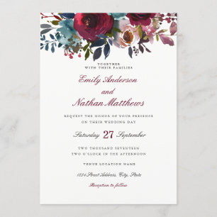 Burgundy Red Watercolor Floral Wedding Invitation