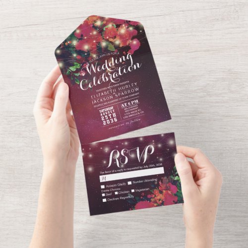 Burgundy Red Watercolor Flower Starry Wedding RSVP All In One Invitation