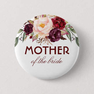 Burgundy Red Watercolor Flowers Elegant Wedding Pinback Button