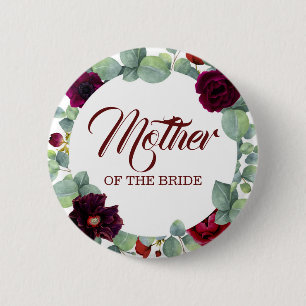 Burgundy Red Watercolor Flowers Eucalyptus Wedding Button