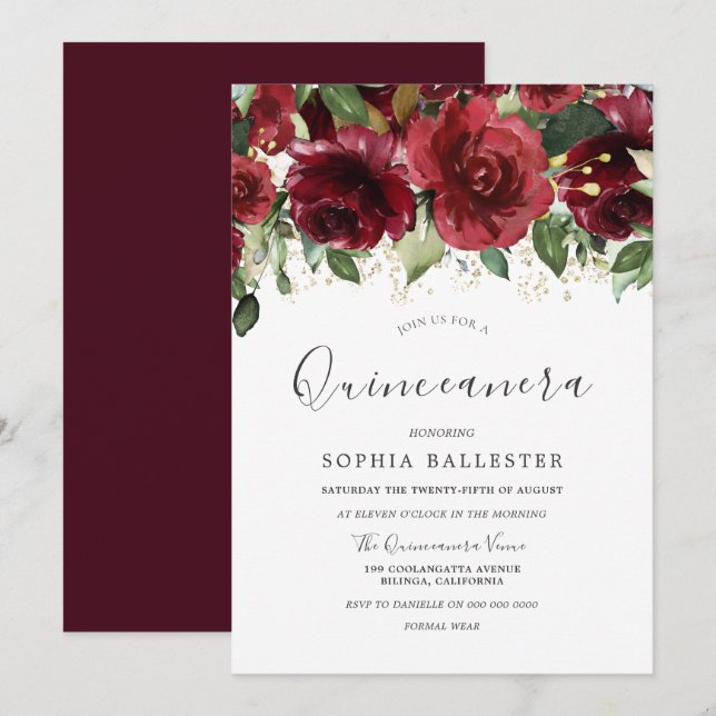 Burgundy Red Watercolor Flowers Quinceanera Party Invitation (Front/Back)