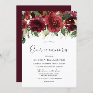 Burgundy Red Watercolor Flowers Quinceanera Party Invitation