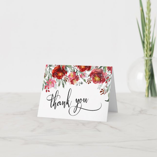 Burgundy Red Watercolor Flowers Thank You Script (Front)