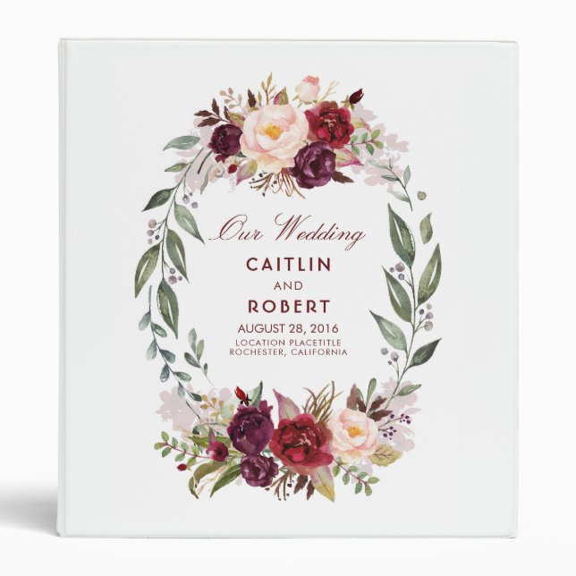 Burgundy Red Watercolor Flowers Wedding 3 Ring Binder (Front)