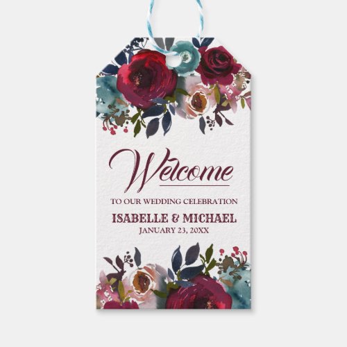 Burgundy Red Watercolor Flroal Wedding Welcome Gift Tags