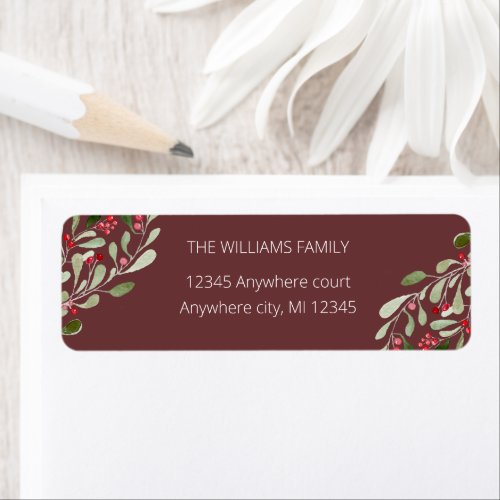 Burgundy red watercolor holly return address label