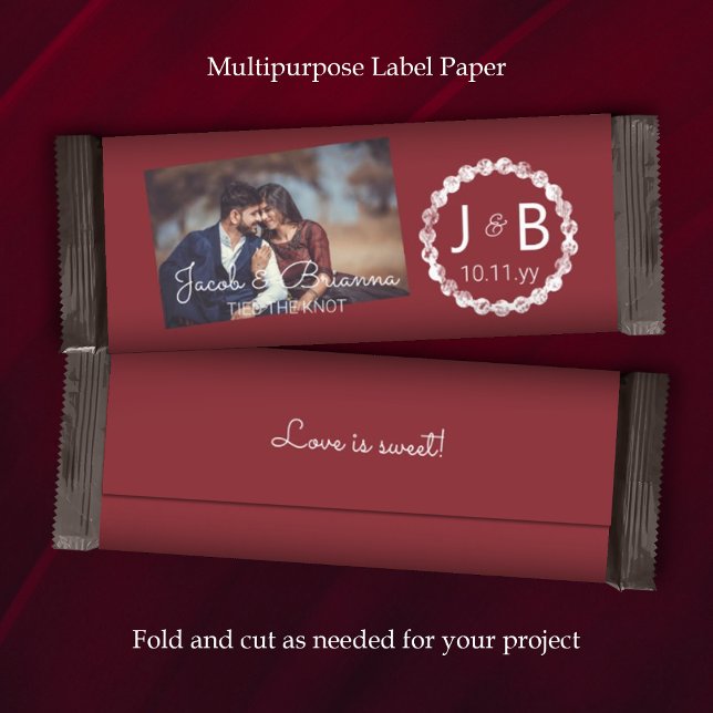 Burgundy Red Wedding Candy Bar Wrapper with Photo (burgundy dark red maroon wedding chocolate candy bar wrapper paper label party favor personalized)