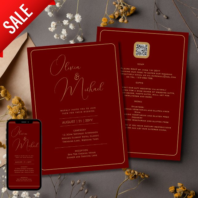 Burgundy Red Wedding Invitation with Gold Text (Creator Uploaded)