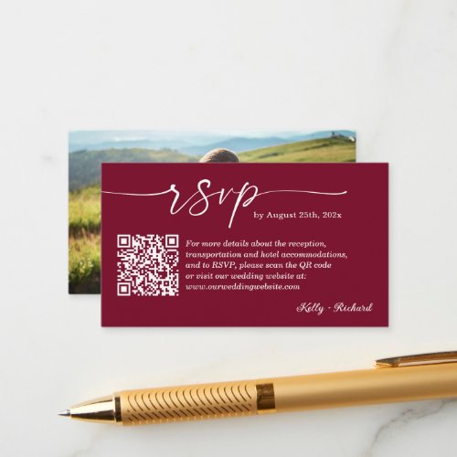Burgundy Red Wedding RSVP Website QR Code Photo Enclosure Card
