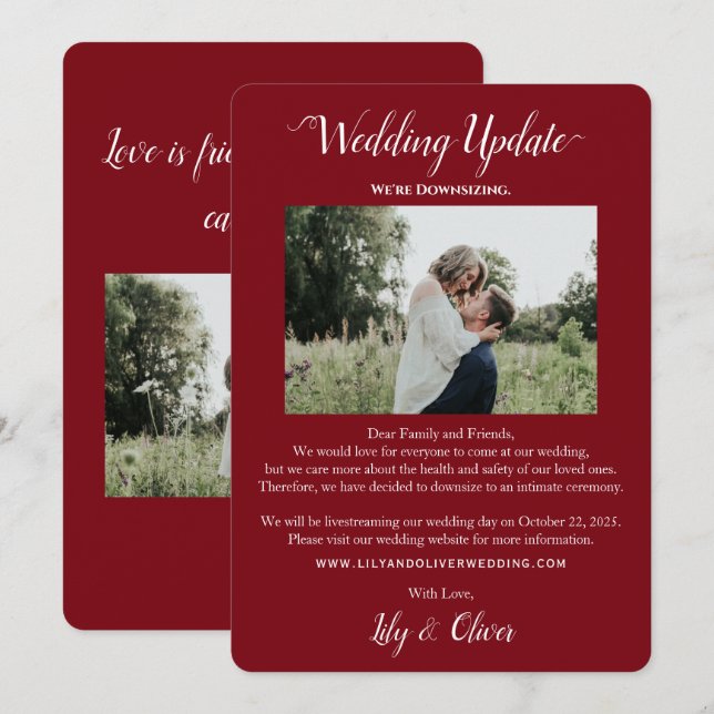 Burgundy Red Wedding Update 2 Photo Downsizing Announcement (Front/Back)