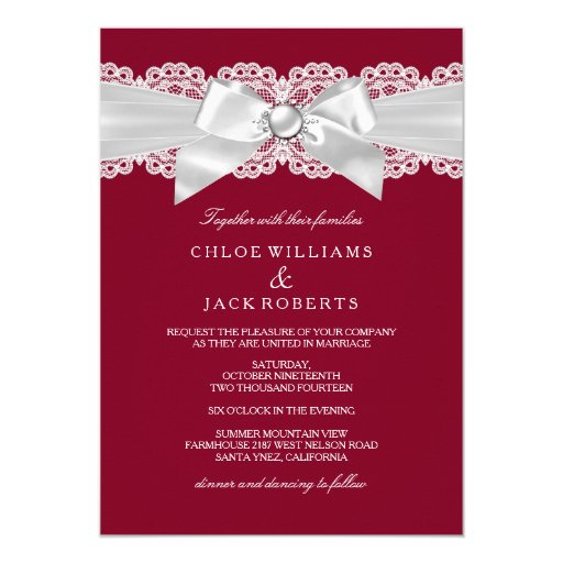 Burgundy Red Wedding White Pearl Bow Wedding 5x7 Paper Invitation Card ...