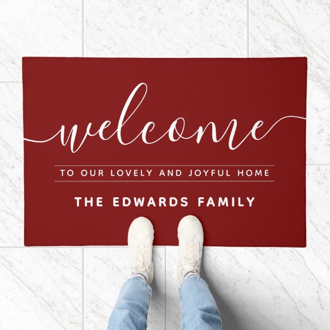 Burgundy Red Welcome Custom Family Doormat (Indoor)