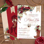 Burgundy Red Western Charro Spanish Quinceanera Invitation<br><div class="desc">This red and creamy white rose floral charro invitation is really great for a winter season quinceanera but can be used anytime! Featuring beautiful deep burgundy red, maroon, and cream white roses, and a boho feather floral spray, a black charro sombrero, rope accents and cowgirl boots with a bouquet of...</div>