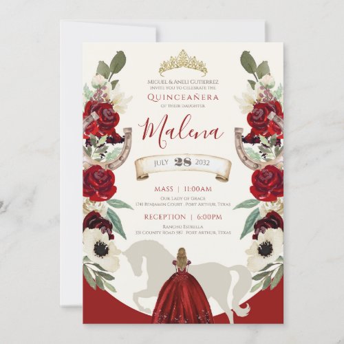 Burgundy Red Western Watercolor Charro Quinceaera Invitation