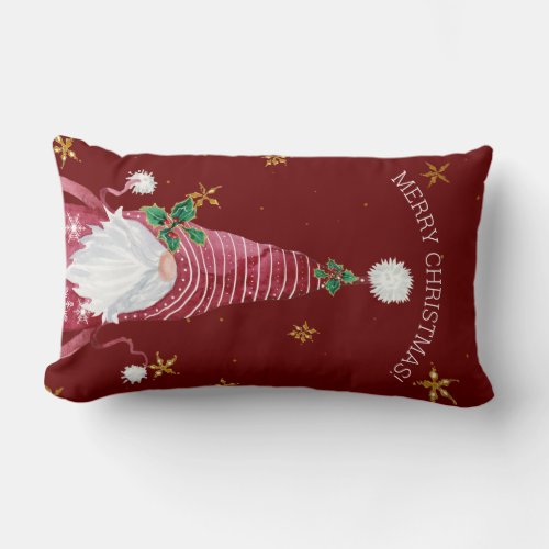 Burgundy Red Whimsical Gnome Merry Christmas Stars Lumbar Pillow