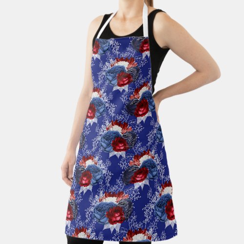 Burgundy Red White and Blue Rose Pattern Apron