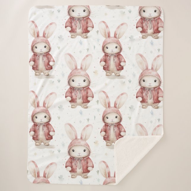 Burgundy Red White Bunnies Sherpa Blanket (Front)