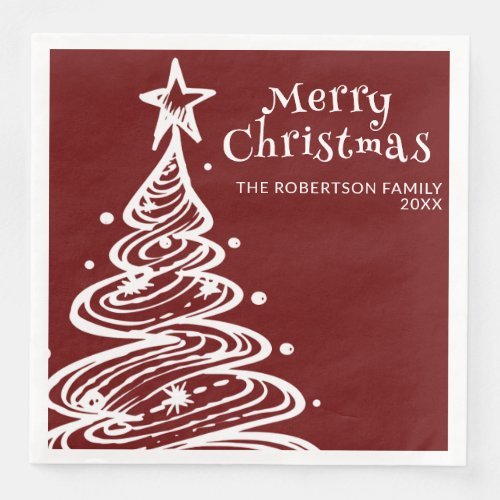 Burgundy Red White Christmas Tree Christmas Party Paper Dinner Napkins