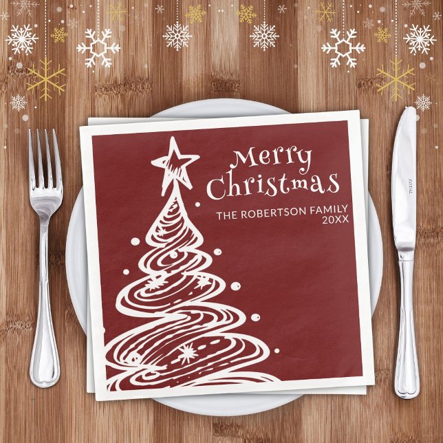 Burgundy Red White Christmas Tree Christmas Party Paper Dinner Napkins (Creator Uploaded)
