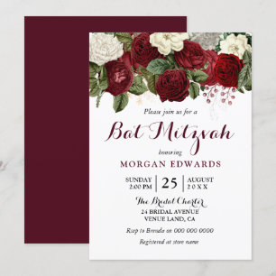 Burgundy Red White Floral Bat Mitzvah Invitation