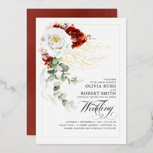 Burgundy Red  White Floral Boho Elegant Wedding Foil Invitation