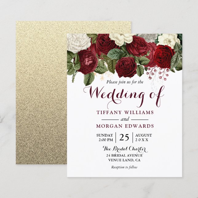 Burgundy Red & White Floral Budget Wedding Invite (Front/Back)