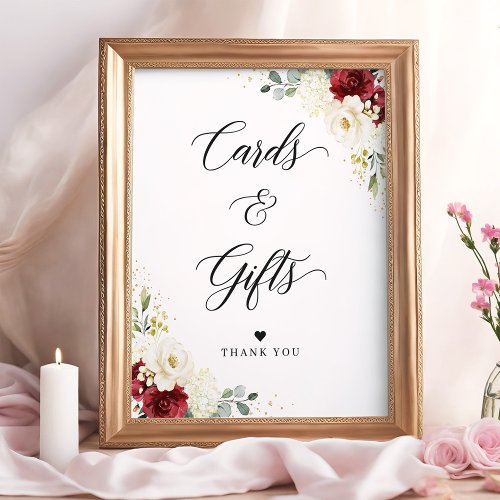 Burgundy Red White Floral Cards  Gifts Sign