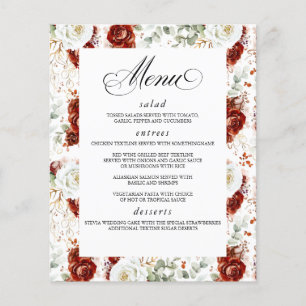 Burgundy Red White Floral Elegant Wedding Menu Flyer