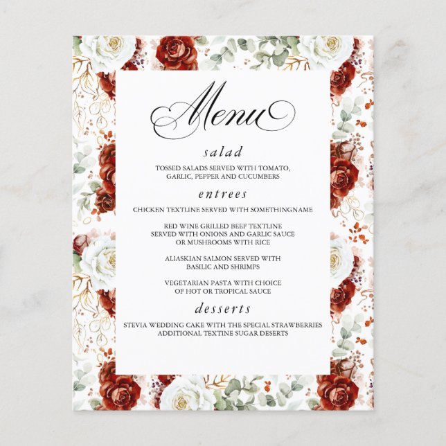 Burgundy Red White Floral Elegant Wedding Menu Flyer (Front)