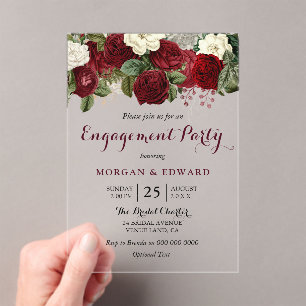 Burgundy Red White Floral Engagement Party Acrylic Invitations