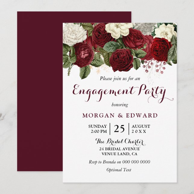 Burgundy Red White Floral Engagement Party Invite (Front/Back)