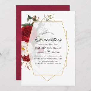 Burgundy Red & White Floral Geometric Quinceañera Invitation