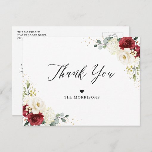 Burgundy Red White Floral Gold Confetti Thank You Postcard | Zazzle