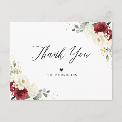 Burgundy Red White Floral Gold Confetti Thank You Postcard