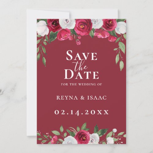 Burgundy Red White Floral Save The Date Announcement