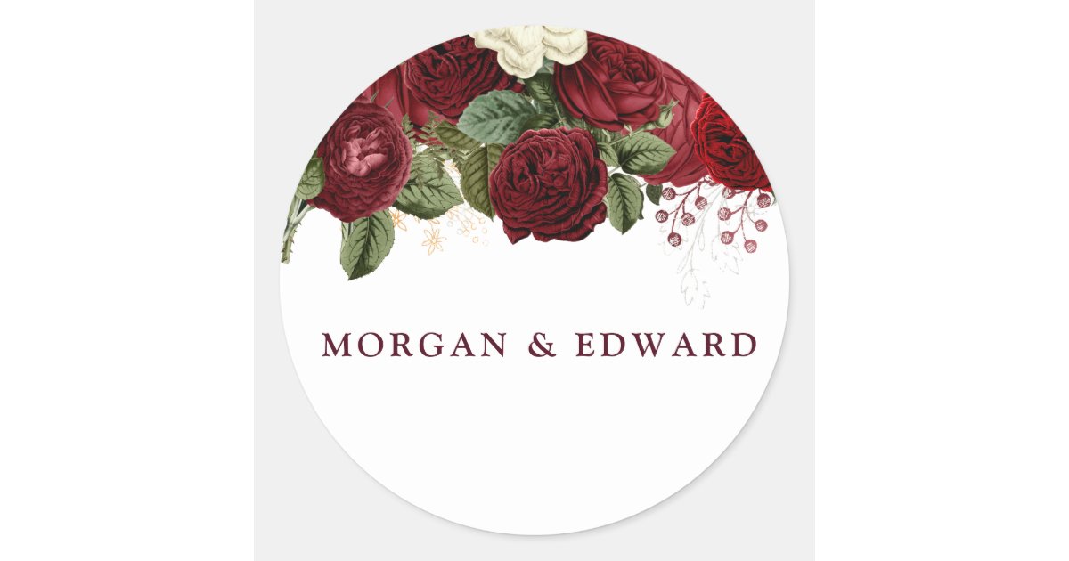 Burgundy Red White Floral wedding Engagement Classic Round Sticker | Zazzle