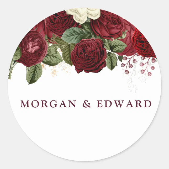 Burgundy Red White Floral wedding Engagement Classic Round Sticker | Zazzle