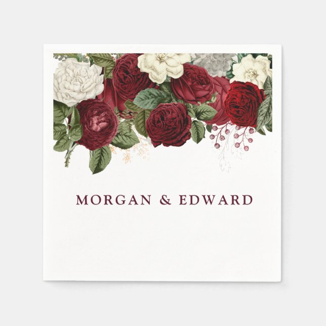 Burgundy Red White Floral Wedding Engagement Napkins (Front)