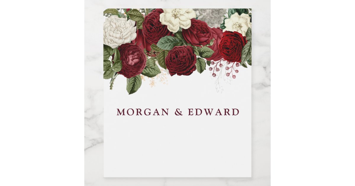 Burgundy Red White Floral Wedding Engagement Wine Label | Zazzle