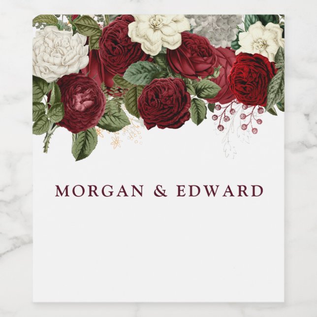 Burgundy Red White Floral Wedding Engagement Wine Label (Single Label)