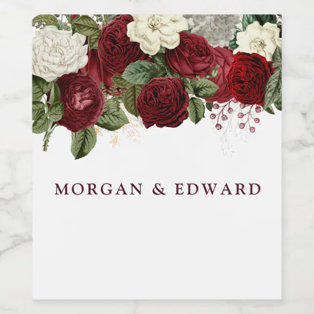 Burgundy Red White Floral Wedding Engagement Wine Label | Zazzle