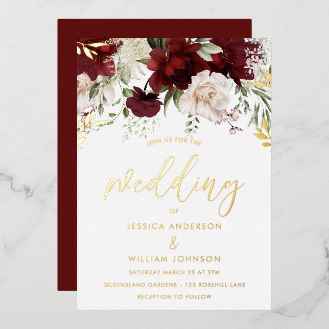 Burgundy Red & White Floral Wedding Gold  Foil Invitation (Front/Back)