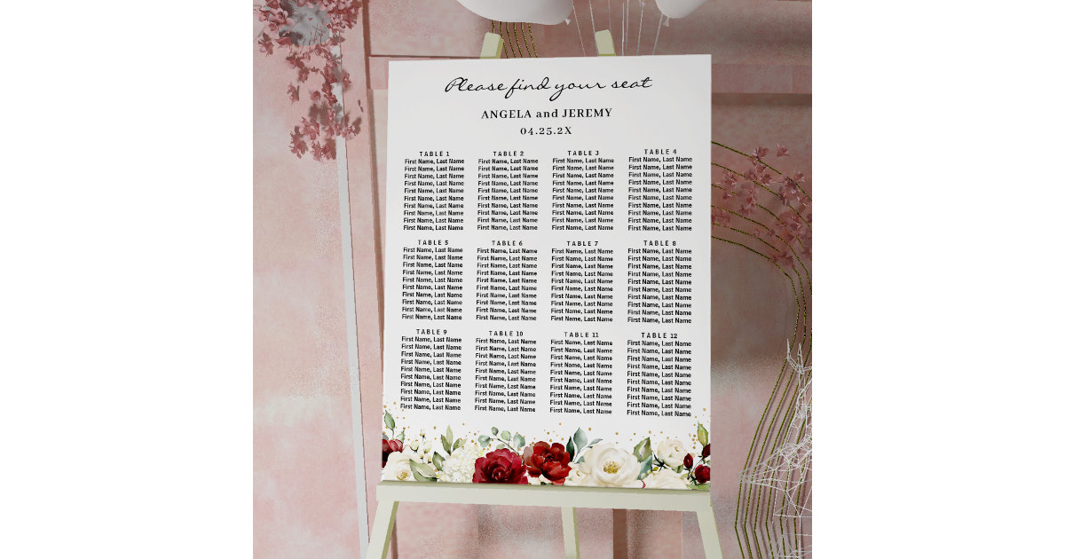 Burgundy Red White Floral Wedding Seating Chart | Zazzle
